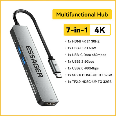 „Essager 7 viename“ C tipo USB šakotuvas PD60W greito įkrovimo skirstytuvas nešiojamasis kompiuteris HDMI didelės spartos skirstytuvas 5 Gbps, skirtas asmeniniam kompiuteriui USB 3.2 Gen1 2.0 prievadai