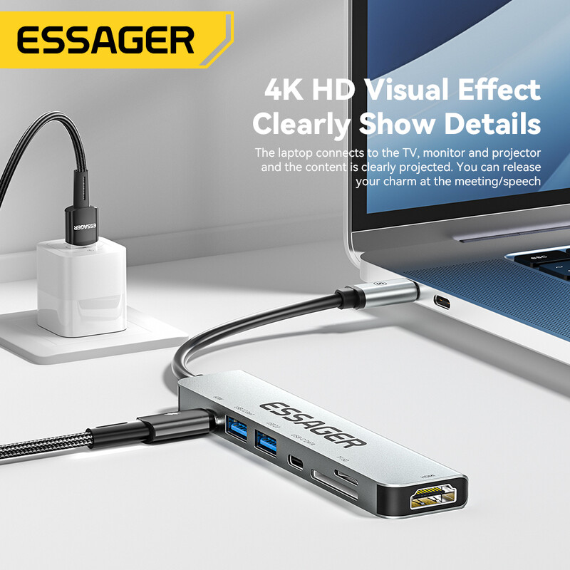 „Essager 7 viename“ C tipo USB šakotuvas PD60W greito įkrovimo skirstytuvas nešiojamasis kompiuteris HDMI didelės spartos skirstytuvas 5 Gbps, skirtas asmeniniam kompiuteriui USB 3.2 Gen1 2.0 prievadai