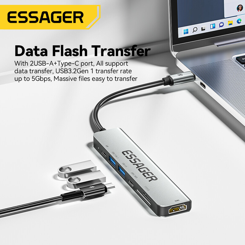 „Essager 7 viename“ C tipo USB šakotuvas PD60W greito įkrovimo skirstytuvas nešiojamasis kompiuteris HDMI didelės spartos skirstytuvas 5 Gbps, skirtas asmeniniam kompiuteriui USB 3.2 Gen1 2.0 prievadai