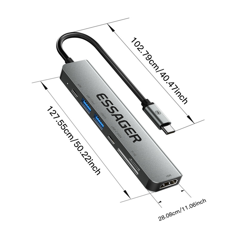 „Essager 7 viename“ C tipo USB šakotuvas PD60W greito įkrovimo skirstytuvas nešiojamasis kompiuteris HDMI didelės spartos skirstytuvas 5 Gbps, skirtas asmeniniam kompiuteriui USB 3.2 Gen1 2.0 prievadai