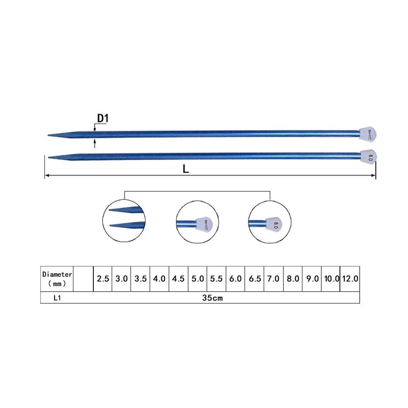 2 tk/komplekt 35 cm ühe terava otsaga kudumisvardad, sirged alumiiniumist meisterdamise kudumistööriist pikk kampsun salli nõel 2,0-12 mm