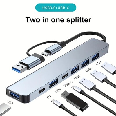 7 vienā USB centrmezgls ar sadalītāja karšu lasītāju, USB C portu, USB 3.0/2.0, SD/TF sadalītāja karšu lasītāju, dokstaciju