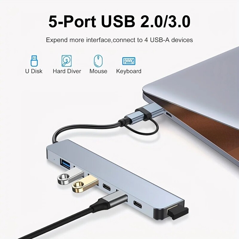7 vienā USB centrmezgls ar sadalītāja karšu lasītāju, USB C portu, USB 3.0/2.0, SD/TF sadalītāja karšu lasītāju, dokstaciju