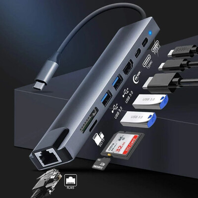 USB 3.0 centrmezgls klēpjdatora adapterim datora datora PD uzlādes dokstacija RJ45 ar HDMI saderīga TF/SD kartes piezīmjdatora C tipa sadalītājs