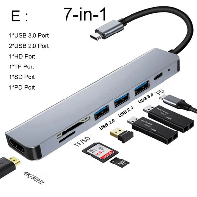 Hub USB 3.0 pentru Adaptor pentru laptop PC Computer PD Charge Dock Station RJ45 compatibil HDMI Card TF/SD Splitter tip C pentru notebook