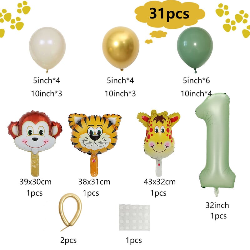 Set de 31 de baloane cu numere verzi Jungle Safari Kit de baloane cu animale pentru copii 1 2 3 ani Decor petrecere de aniversare Balon verde avocado