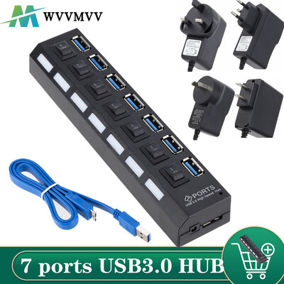 USB 3.0 хъб USB хъб 3.0 Multi USB сплитер 3 Hab Използвайте захранващ адаптер 7 порта Multiple Expander 2.0 USB3 хъб с превключвател за компютър