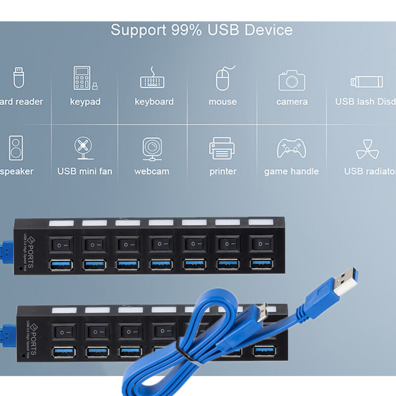 Hub USB 3.0 Hub USB 3.0 Splitter multiplu USB 3 Hab Use Adaptor de alimentare 7 porturi Multiple Expander 2.0 Hub USB3 cu comutator pentru PC