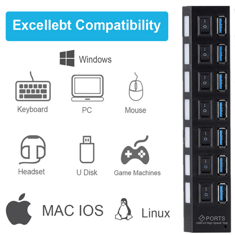 Hub USB 3.0 Hub USB 3.0 Splitter multiplu USB 3 Hab Use Adaptor de alimentare 7 porturi Multiple Expander 2.0 Hub USB3 cu comutator pentru PC