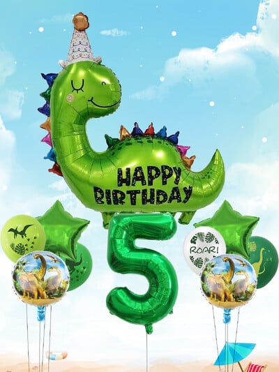 1 sada fóliových balónov s dinosaurom, hviezdou a číslom k narodeninám s jurskou témou, latexové balóny na detské narodeninové dekorácie