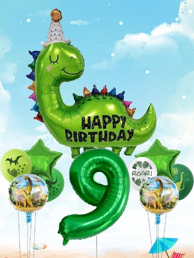 1 sada fóliových balónov s dinosaurom, hviezdou a číslom k narodeninám s jurskou témou, latexové balóny na detské narodeninové dekorácie