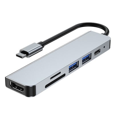 6 θύρες USB C Hub σε συσκευή ανάγνωσης καρτών SD TF συμβατή με 4K HDMI USB 3.0 2.0 HUB Type C Βάση σύνδεσης φόρτισης για MacBook iPad Samsung