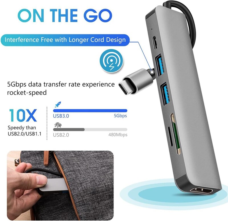 6 θύρες USB C Hub σε συσκευή ανάγνωσης καρτών SD TF συμβατή με 4K HDMI USB 3.0 2.0 HUB Type C Βάση σύνδεσης φόρτισης για MacBook iPad Samsung