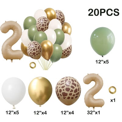20db Jungle Animal Theme Party Zsálya zöld léggömb karamell szám 0-9 fólia lufi Boldog születésnapi parti babazuhany dekoráció