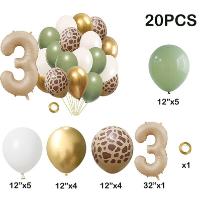 20db Jungle Animal Theme Party Zsálya zöld léggömb karamell szám 0-9 fólia lufi Boldog születésnapi parti babazuhany dekoráció