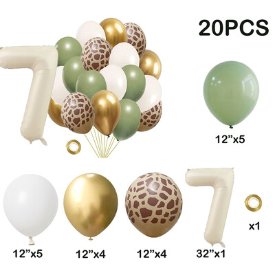 20db Jungle Animal Theme Party Zsálya zöld léggömb karamell szám 0-9 fólia lufi Boldog születésnapi parti babazuhany dekoráció