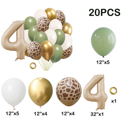 20db Jungle Animal Theme Party Zsálya zöld léggömb karamell szám 0-9 fólia lufi Boldog születésnapi parti babazuhany dekoráció