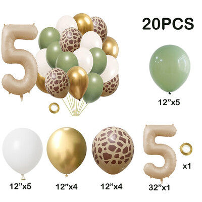 20db Jungle Animal Theme Party Zsálya zöld léggömb karamell szám 0-9 fólia lufi Boldog születésnapi parti babazuhany dekoráció