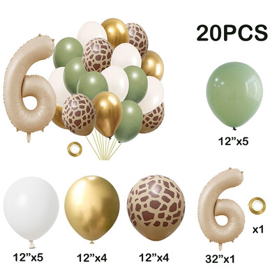20db Jungle Animal Theme Party Zsálya zöld léggömb karamell szám 0-9 fólia lufi Boldog születésnapi parti babazuhany dekoráció