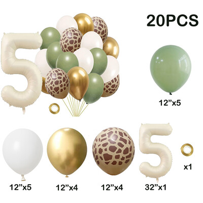 20db Jungle Animal Theme Party Zsálya zöld léggömb karamell szám 0-9 fólia lufi Boldog születésnapi parti babazuhany dekoráció