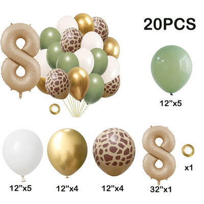 20db Jungle Animal Theme Party Zsálya zöld léggömb karamell szám 0-9 fólia lufi Boldog születésnapi parti babazuhany dekoráció