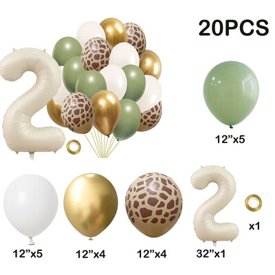 20db Jungle Animal Theme Party Zsálya zöld léggömb karamell szám 0-9 fólia lufi Boldog születésnapi parti babazuhany dekoráció