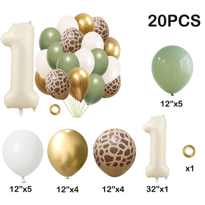 20db Jungle Animal Theme Party Zsálya zöld léggömb karamell szám 0-9 fólia lufi Boldog születésnapi parti babazuhany dekoráció