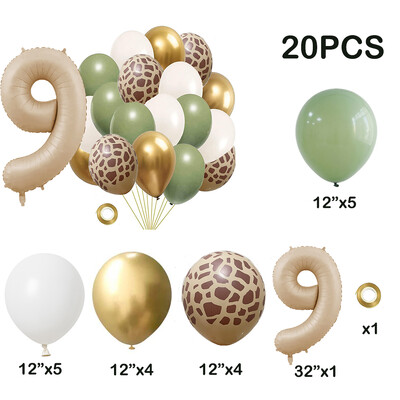 20db Jungle Animal Theme Party Zsálya zöld léggömb karamell szám 0-9 fólia lufi Boldog születésnapi parti babazuhany dekoráció