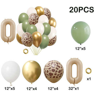 20db Jungle Animal Theme Party Zsálya zöld léggömb karamell szám 0-9 fólia lufi Boldog születésnapi parti babazuhany dekoráció