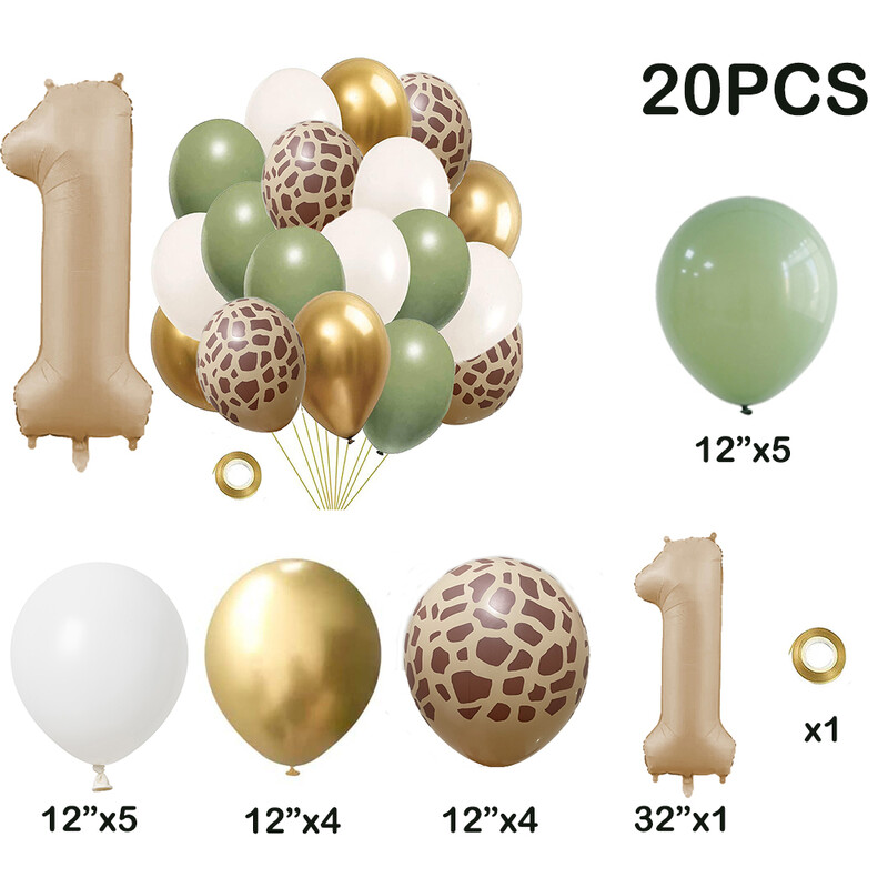 20db Jungle Animal Theme Party Zsálya zöld léggömb karamell szám 0-9 fólia lufi Boldog születésnapi parti babazuhany dekoráció