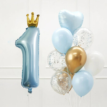 40 ιντσών Prince Crown Number Foil Balloons 1st Birthday Party Decorations Kids Boy Girl First One Year Anniversary Globos Supplies