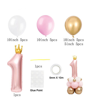 Pink Crown Number Foil Balloons Διακοσμήσεις για 1ο πάρτι γενεθλίων Παιδικό κορίτσι αγόρι μωρό μωρό First One Year Anniversary Globos Supplies