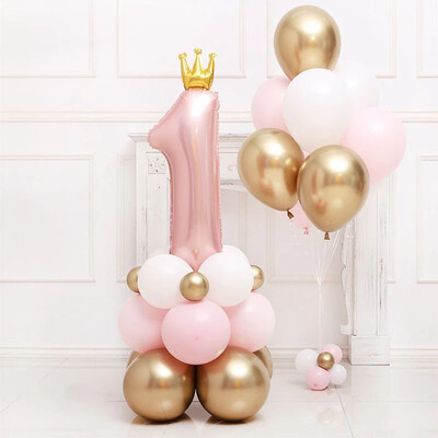 Pink Crown Number Foil Balloons Διακοσμήσεις για 1ο πάρτι γενεθλίων Παιδικό κορίτσι αγόρι μωρό μωρό First One Year Anniversary Globos Supplies
