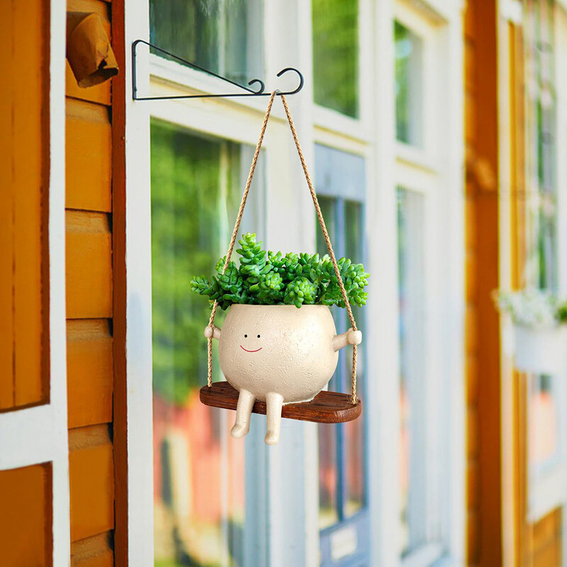 Lovely Swing Face Face Planter Pot Egyedi falra akasztható fejű kreatív gyanta edény Aranyos zamatos növény zsineggel lakberendezési használatra