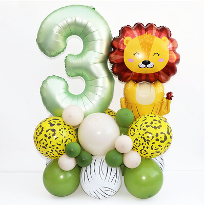 35 vnt./rinkinys 32 colių alyvuogių žalios spalvos balionų, gyvūnų liūtų, rinkinys Wild One Jungle Safari 1 2 3 4 5 6 Metų gimtadienio dekoracijos