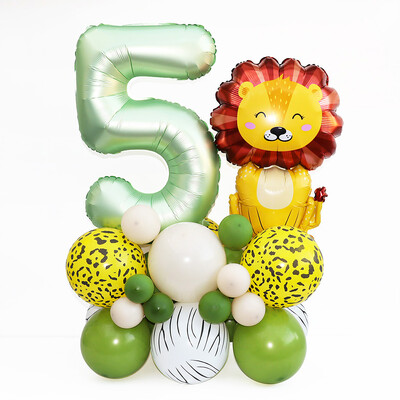 35 vnt./rinkinys 32 colių alyvuogių žalios spalvos balionų, gyvūnų liūtų, rinkinys Wild One Jungle Safari 1 2 3 4 5 6 Metų gimtadienio dekoracijos