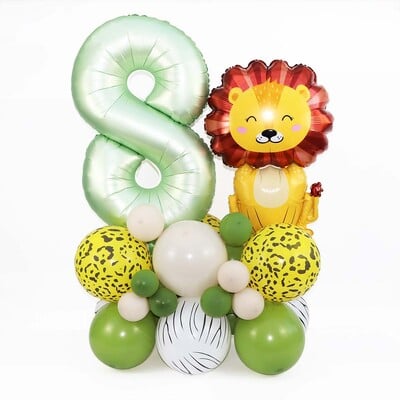 35 vnt./rinkinys 32 colių alyvuogių žalios spalvos balionų, gyvūnų liūtų, rinkinys Wild One Jungle Safari 1 2 3 4 5 6 Metų gimtadienio dekoracijos