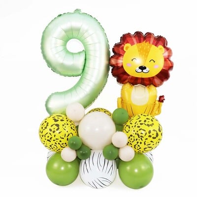 35 vnt./rinkinys 32 colių alyvuogių žalios spalvos balionų, gyvūnų liūtų, rinkinys Wild One Jungle Safari 1 2 3 4 5 6 Metų gimtadienio dekoracijos