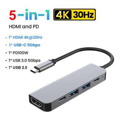 5 az 1-ben USB C HUB Type-C – HDMI Adapter 4K 30Hz PD100W Dock USB-C 3.1 Splitter MacBook iPad Pro Huawei USB 3.0 HUB-hoz