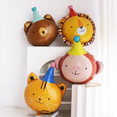 4 bucăți amestec de baloane din film de aluminiu cu cap de animal, maimuță minunată, pisică, leu, urs, copii, zi de naștere, balon din folie, accesoriu pentru fotografie, favoruri de petrecere