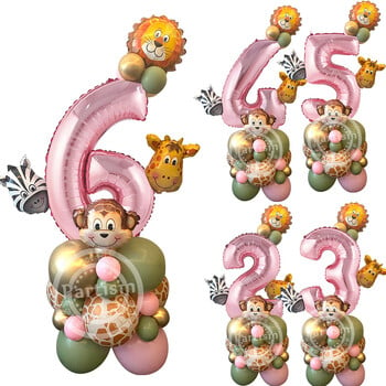 31 τμχ Wild Animal Pink Balloon Tower with 1-9 Number Balloon for Girl\'s Wild One Themed Birthday Jungle Safari Party Decoration