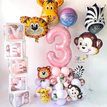 31 τμχ Wild Animal Pink Balloon Tower with 1-9 Number Balloon for Girl\'s Wild One Themed Birthday Jungle Safari Party Decoration