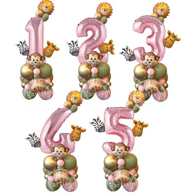 31db Wild Animal rózsaszín léggömb torony 1-9 szám léggömbbel Girl`s Wild One témájú születésnapi dzsungel szafari parti dekorációhoz