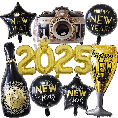 Baloni za sretnu novu godinu 2025. Ukrasi za doček Nove godine Boca šampanjca Baloni sa zvijezdama kamere 2025. Oprema za zabavu za doček Nove godine