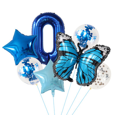 7 vnt. Blue Butterfly skaitmeninių balionų rinkinys, 30 colių numerio lankas, oro globos berniukų, mergaičių gimtadienio vakarėliui, namų dekoravimui vaikams žaislai, dovanos