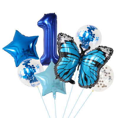 7 vnt. Blue Butterfly skaitmeninių balionų rinkinys, 30 colių numerio lankas, oro globos berniukų, mergaičių gimtadienio vakarėliui, namų dekoravimui vaikams žaislai, dovanos