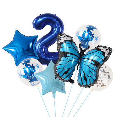 7 vnt. Blue Butterfly skaitmeninių balionų rinkinys, 30 colių numerio lankas, oro globos berniukų, mergaičių gimtadienio vakarėliui, namų dekoravimui vaikams žaislai, dovanos