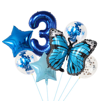 7 vnt. Blue Butterfly skaitmeninių balionų rinkinys, 30 colių numerio lankas, oro globos berniukų, mergaičių gimtadienio vakarėliui, namų dekoravimui vaikams žaislai, dovanos