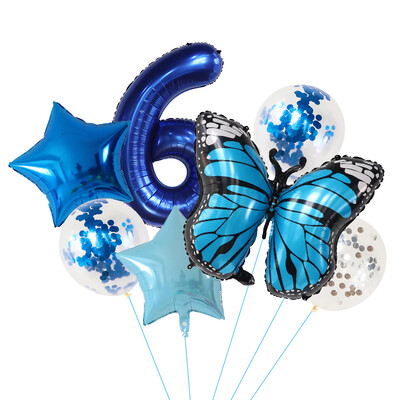 7 vnt. Blue Butterfly skaitmeninių balionų rinkinys, 30 colių numerio lankas, oro globos berniukų, mergaičių gimtadienio vakarėliui, namų dekoravimui vaikams žaislai, dovanos