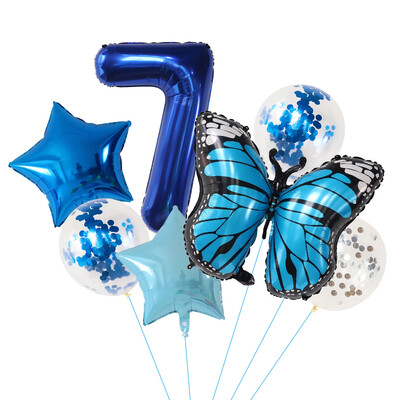 7 vnt. Blue Butterfly skaitmeninių balionų rinkinys, 30 colių numerio lankas, oro globos berniukų, mergaičių gimtadienio vakarėliui, namų dekoravimui vaikams žaislai, dovanos
